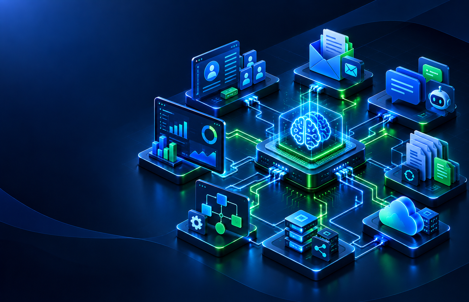 Business process automation workflow connecting business applications, AI processing and reporting.