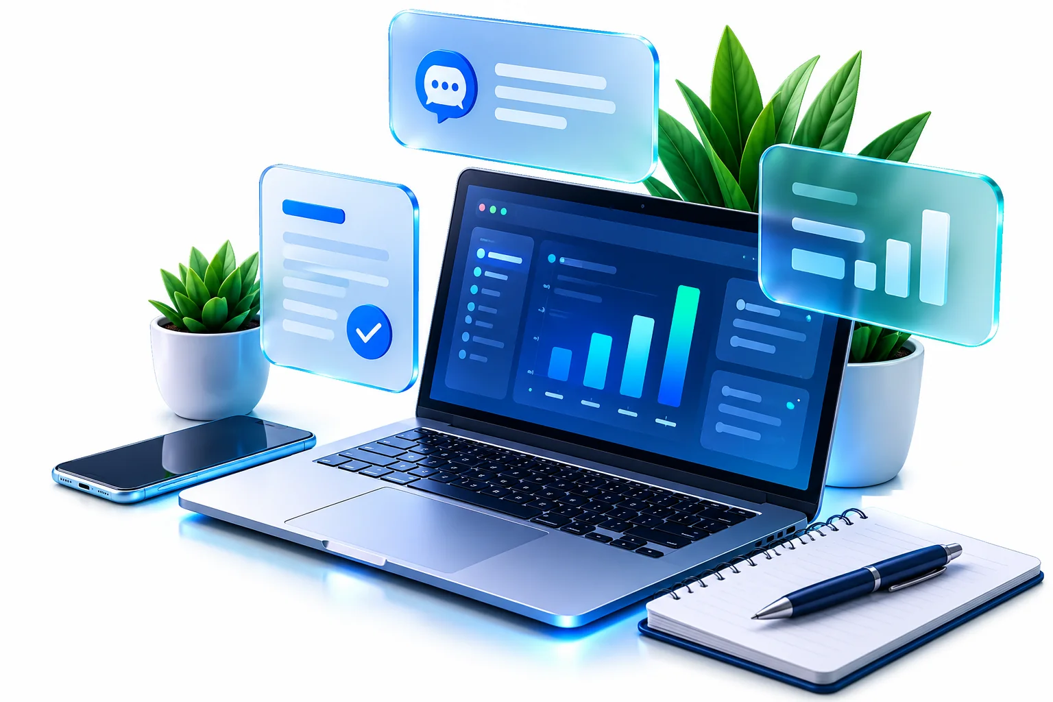 Business consultation dashboard with laptop, analytics and workflow visuals