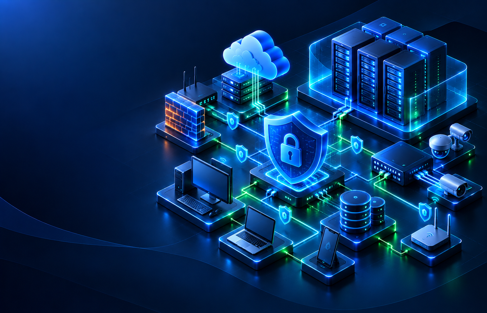 Firewall, cloud security and protected enterprise infrastructure architecture.