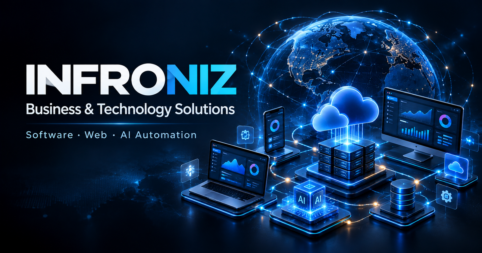 Enterprise IT infrastructure with cloud, servers and network systems