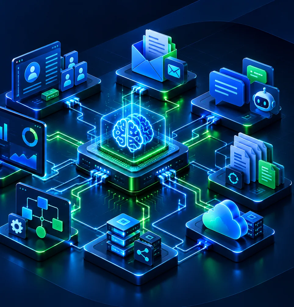 AI process automation connecting business applications, CRM, documents and analytics
