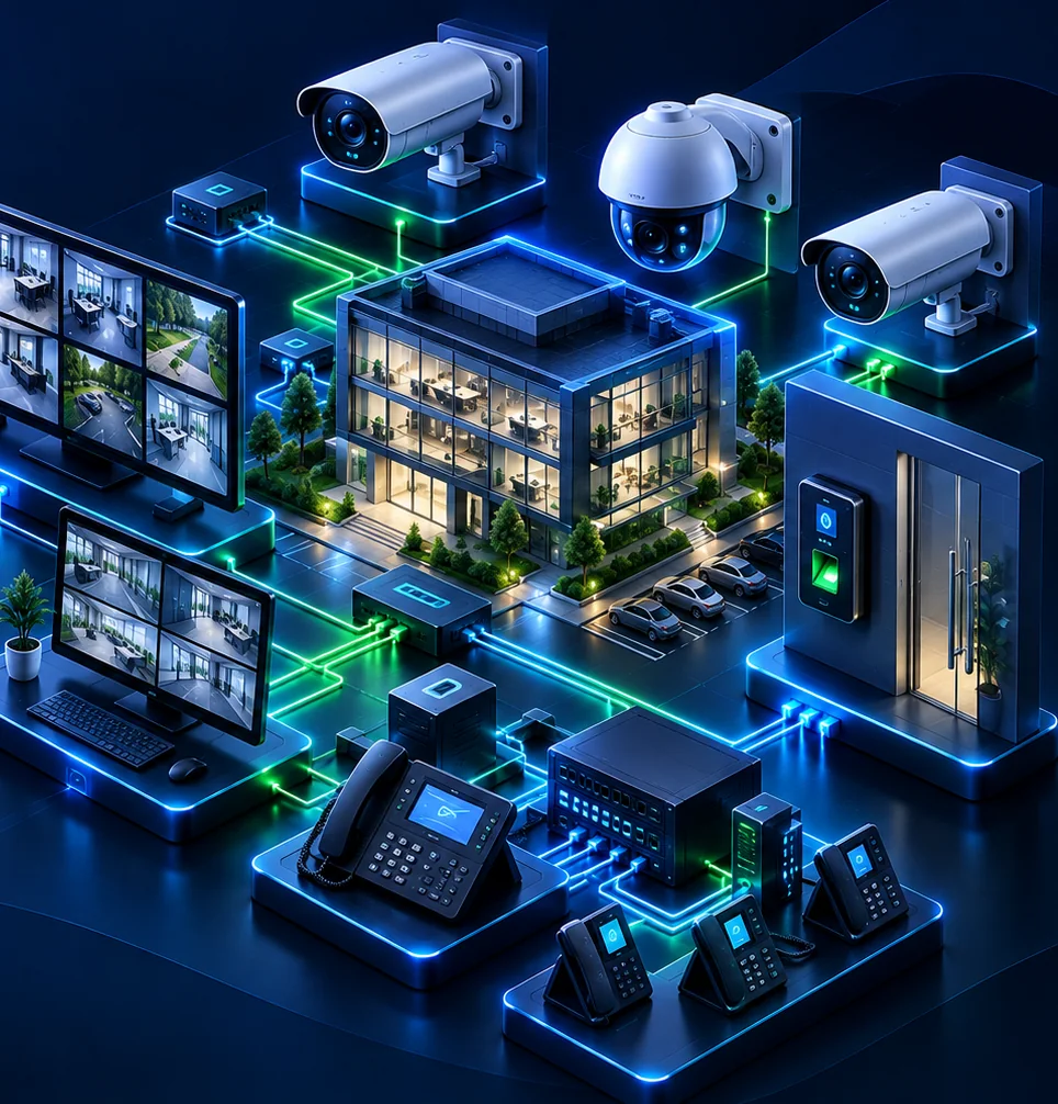 CCTV surveillance cameras, monitoring screens and PABX communication systems
