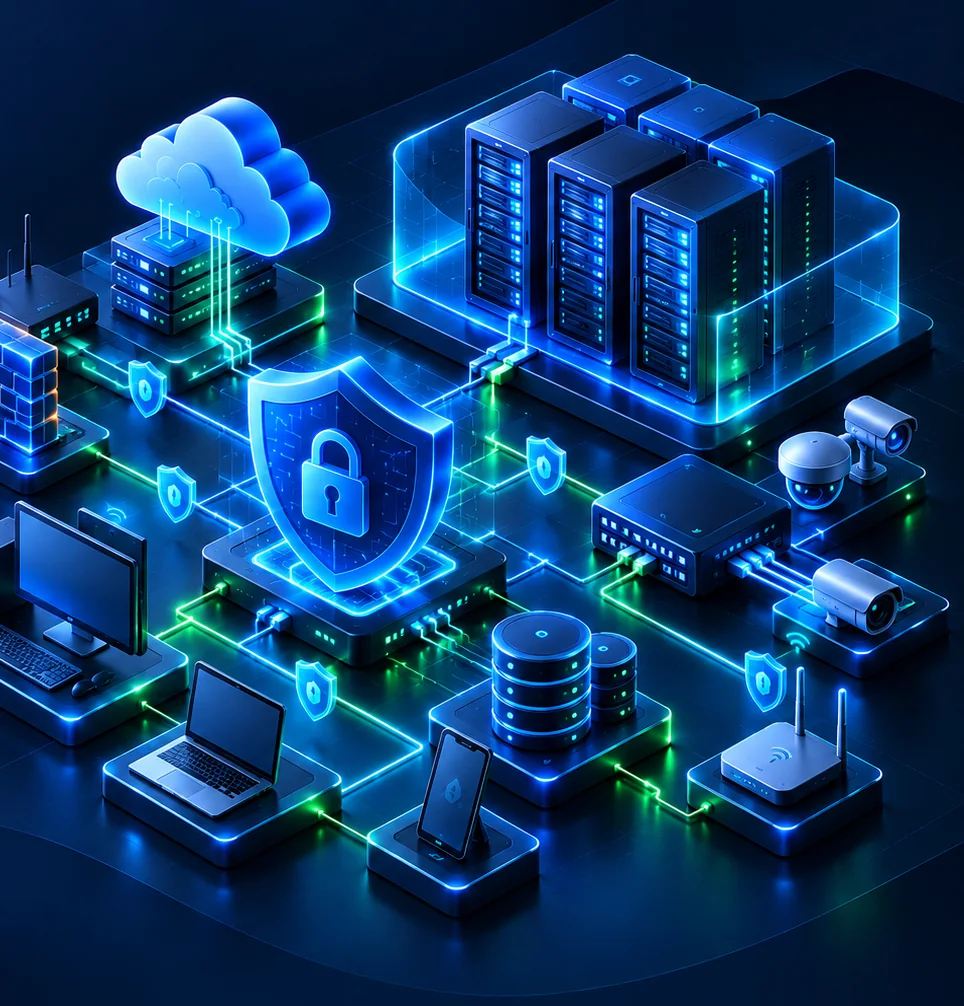 Enterprise IT infrastructure with cloud, servers, network and office systems